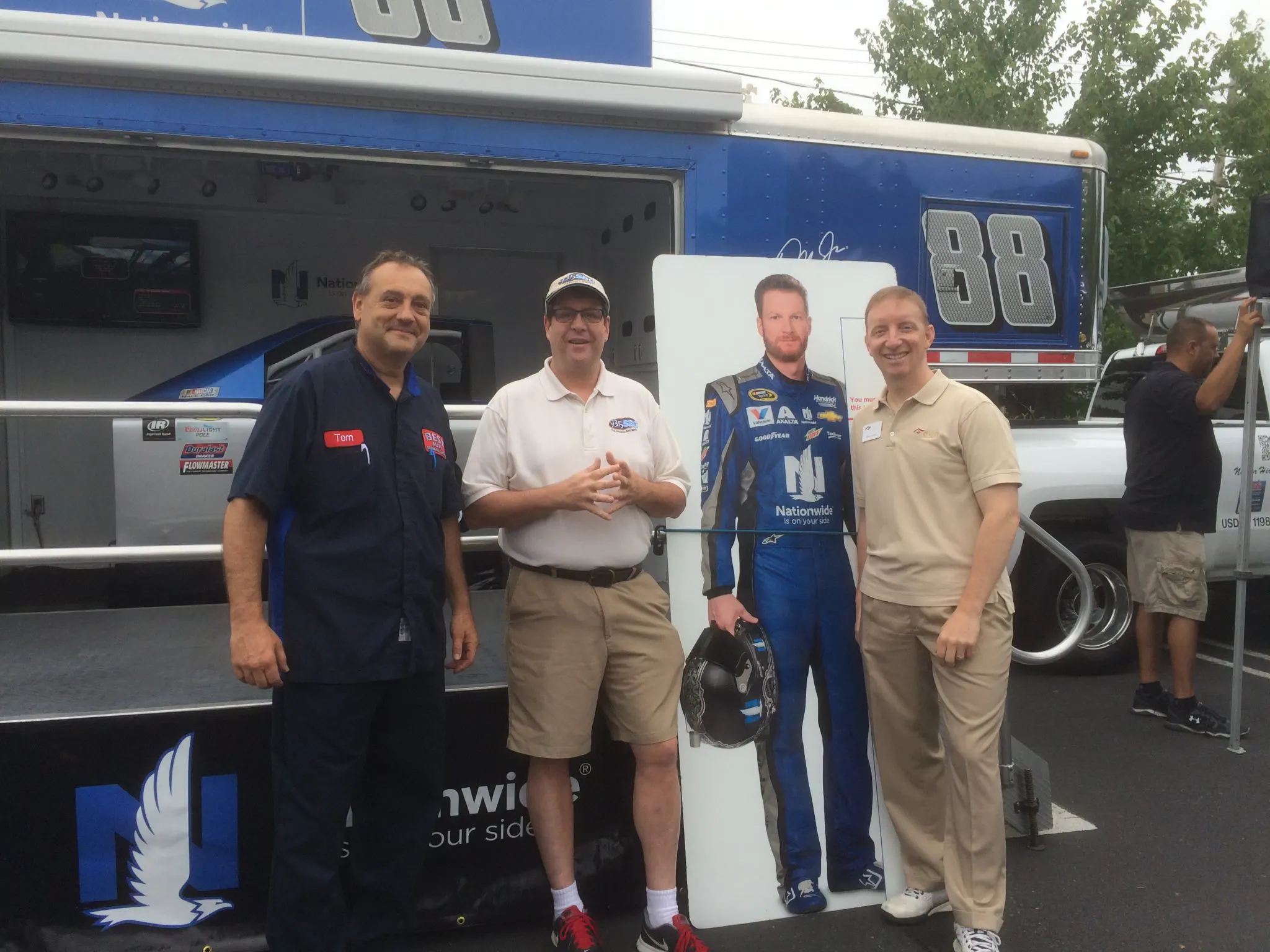Tom Sforza, Chuck Seese, Dale Earnhardt Jr. cut-out and Mike Frailey Standing in front of the NATIONWIDE NO. 88 Chevrolet Show Car